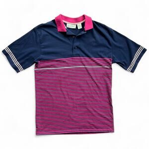 Vintage 80s Difini Classic Golf Polo Short Sleeve Stripe Pattern Pink Blue White